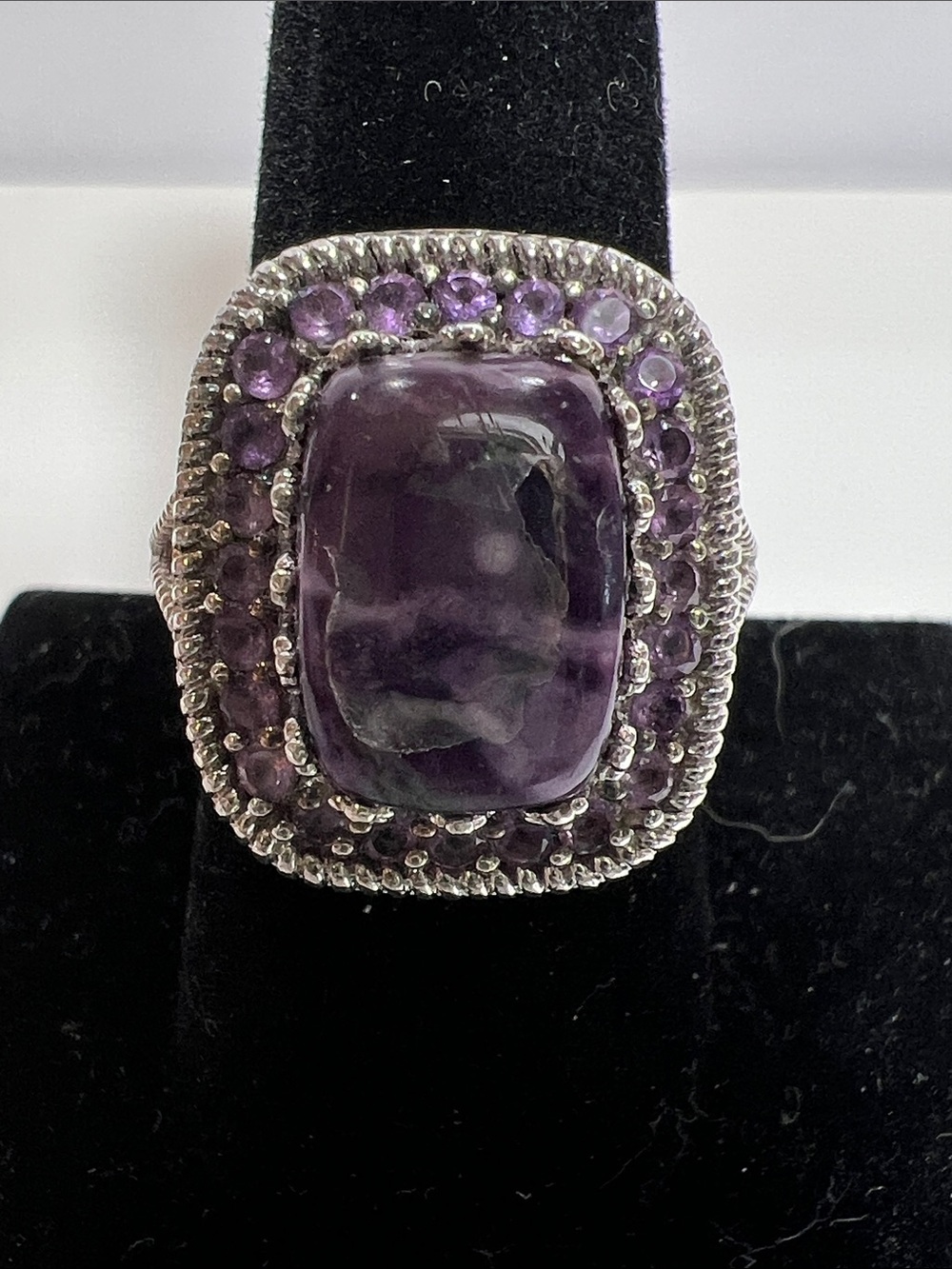 BIG Amethyst Cabochon Sterling Silver Ring Surrounded by Faceted Amethysts 8.75